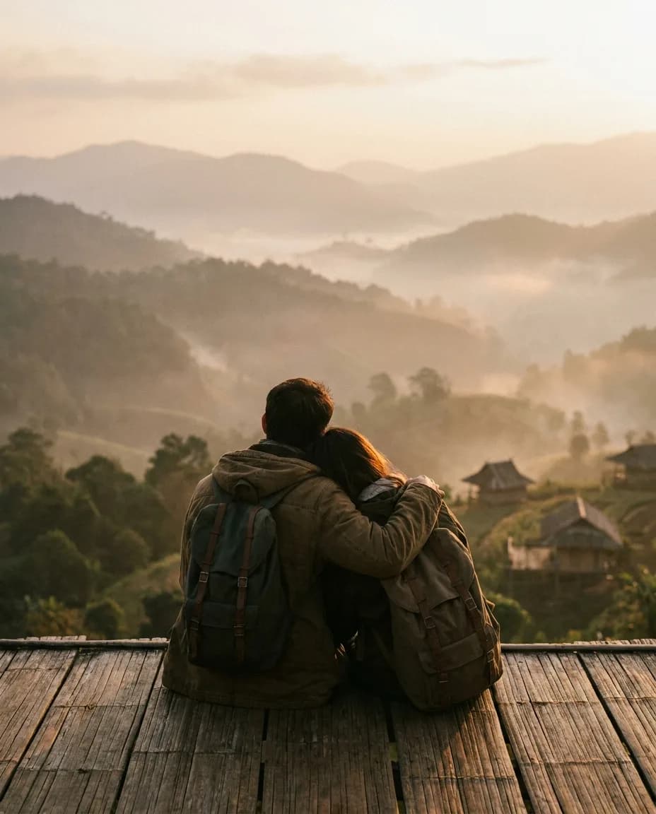 A couple overlooking misty northern Thailand mountains at sunrise